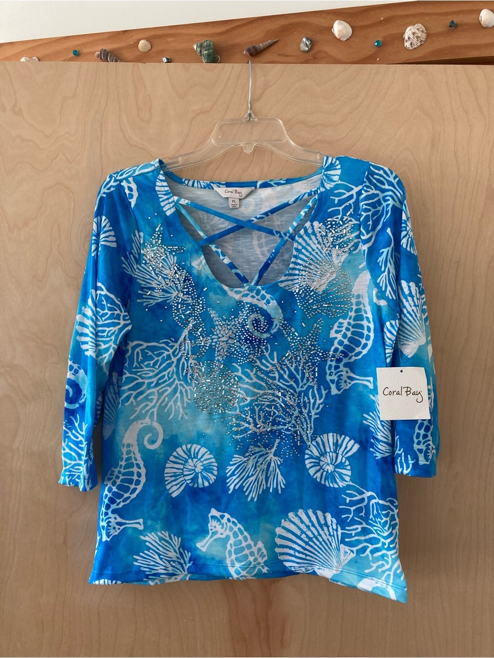 Coral Bay Turquoise Blue Cross-Strap Beaded Seahorse Beachy Top Women's Petite L